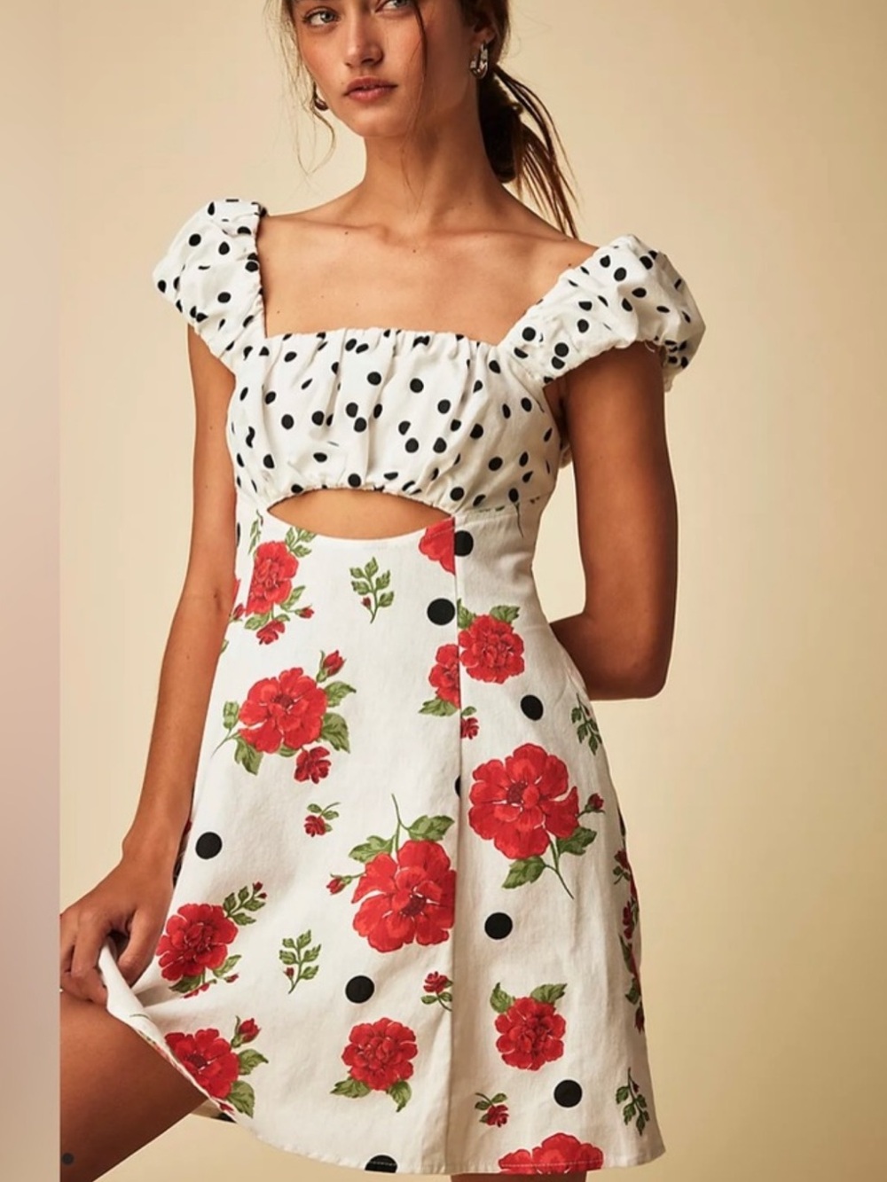 White Floral & Polka Dot Cutout Mini Dress